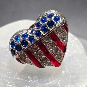 Swarovski American Flag USA Heart Pin Tie Tack Red White Blue Rhinestones